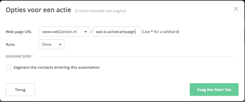 URL invullen activecampaign site tracking trigger