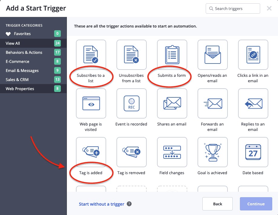 start triggers voor een activecampaign automation